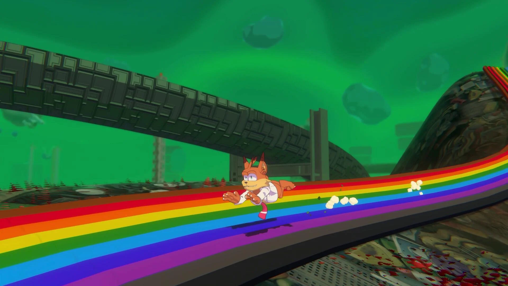 Orange bobcat gliding a rainbow track under a green sky, grey maze bridges, popcorn puffs behind him