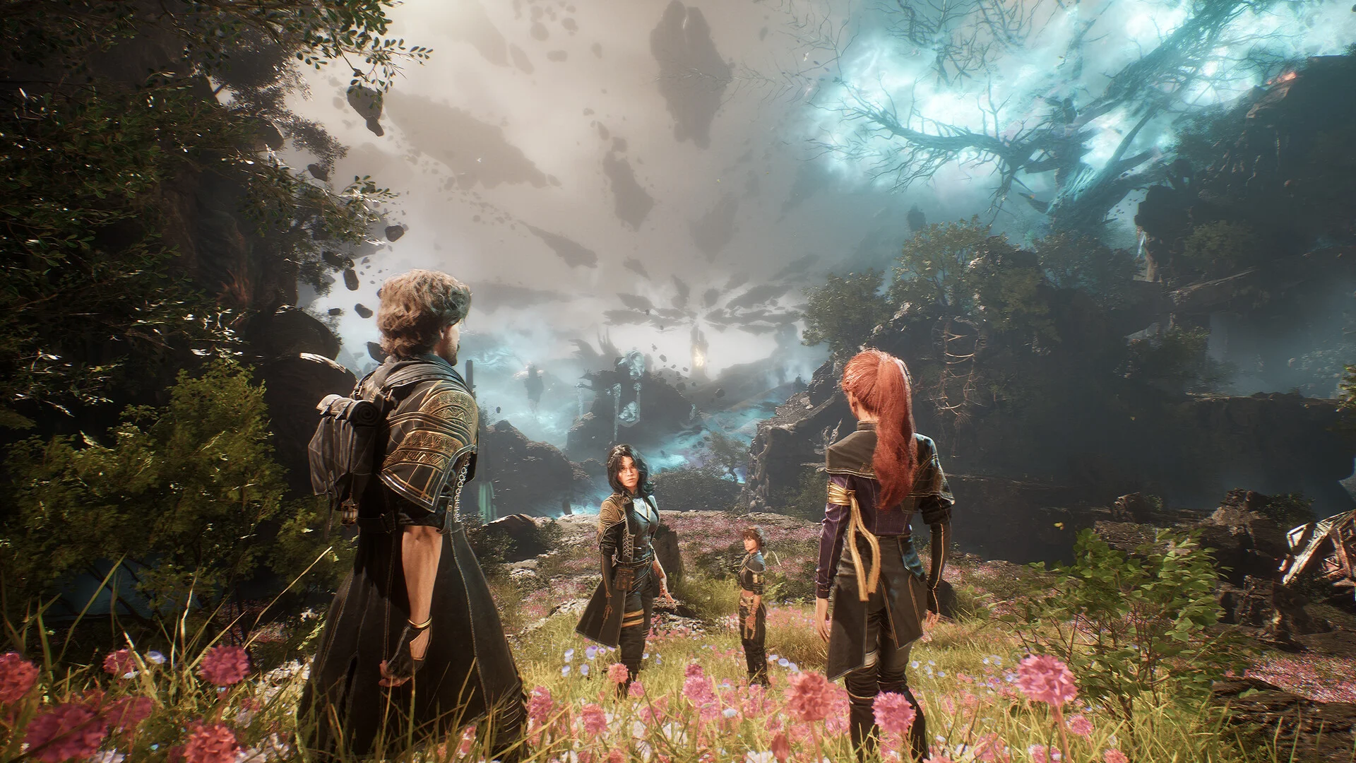 Four expeditioners stand in a flower field under floating rocks and a bright rift