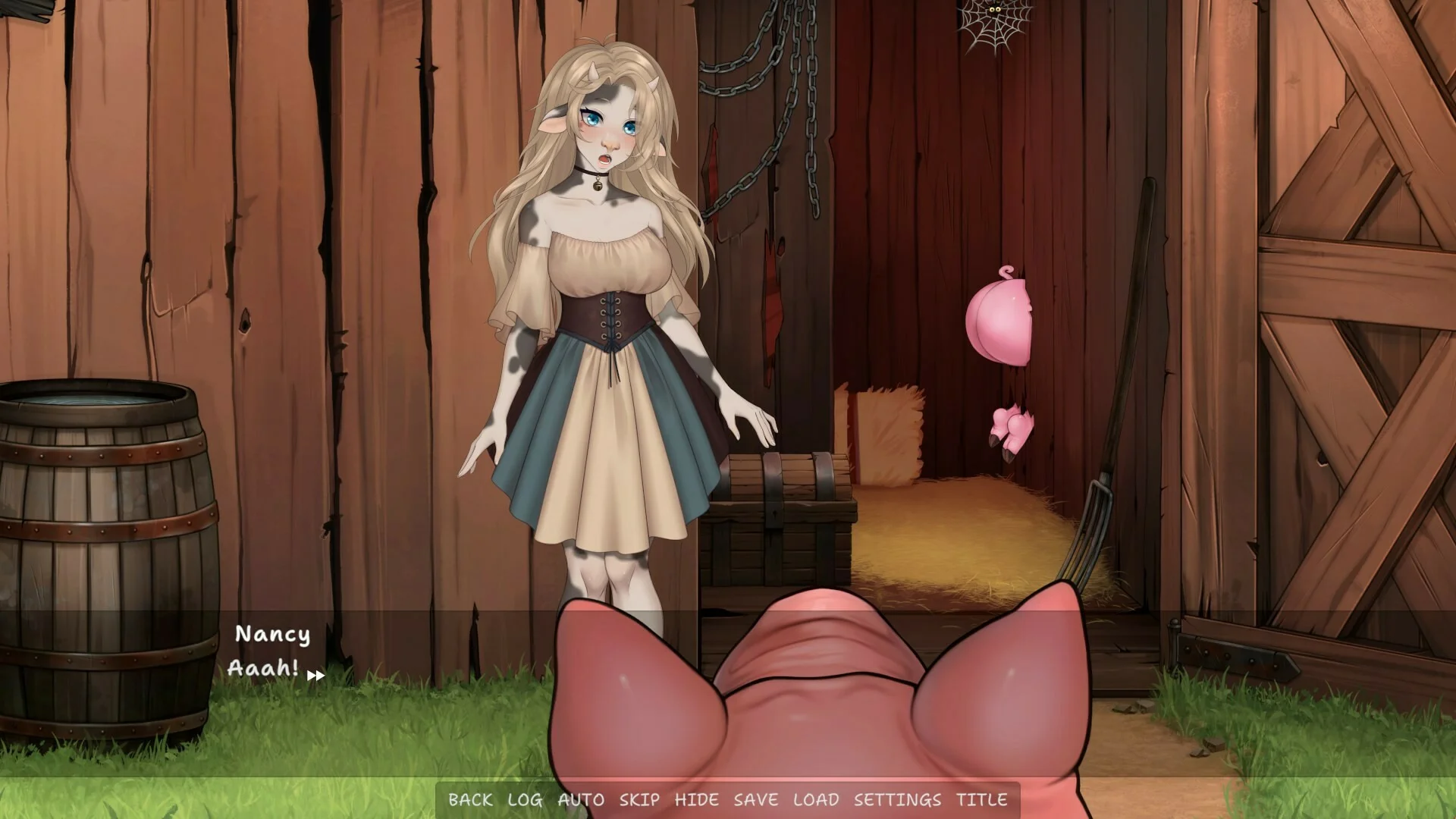 Barn still: Nancy facing a pig stuck through a wall, Aaah dialogue line