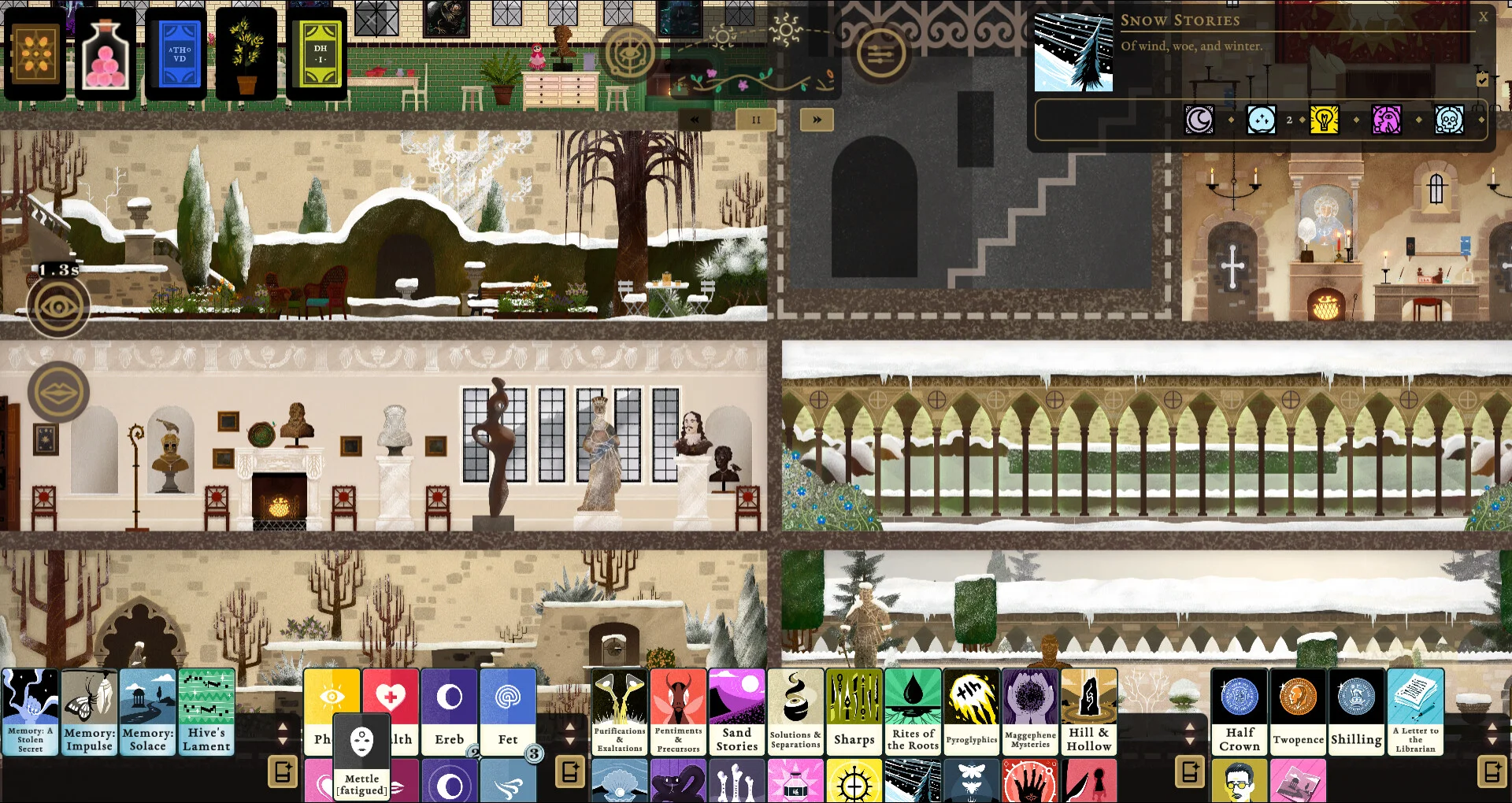 Hush House winter: Snow Stories, snowy garden, bust gallery, snow cloister, Ereb Fet cards