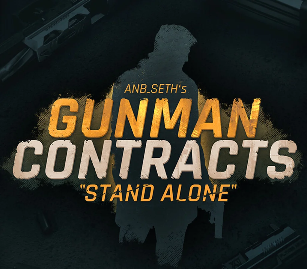 Gunman Contracts Stand Alone cover: gold title, rifle silhouette, pistols on dark ground