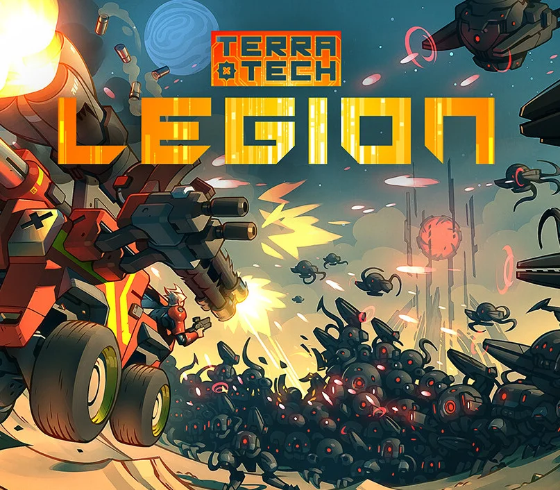 Pomarańczowo-czerwony pojazd z działem strzela w rój czarnych botów z czerwonymi oczami, tytuł TERRATECH LEGION i niebieska planeta