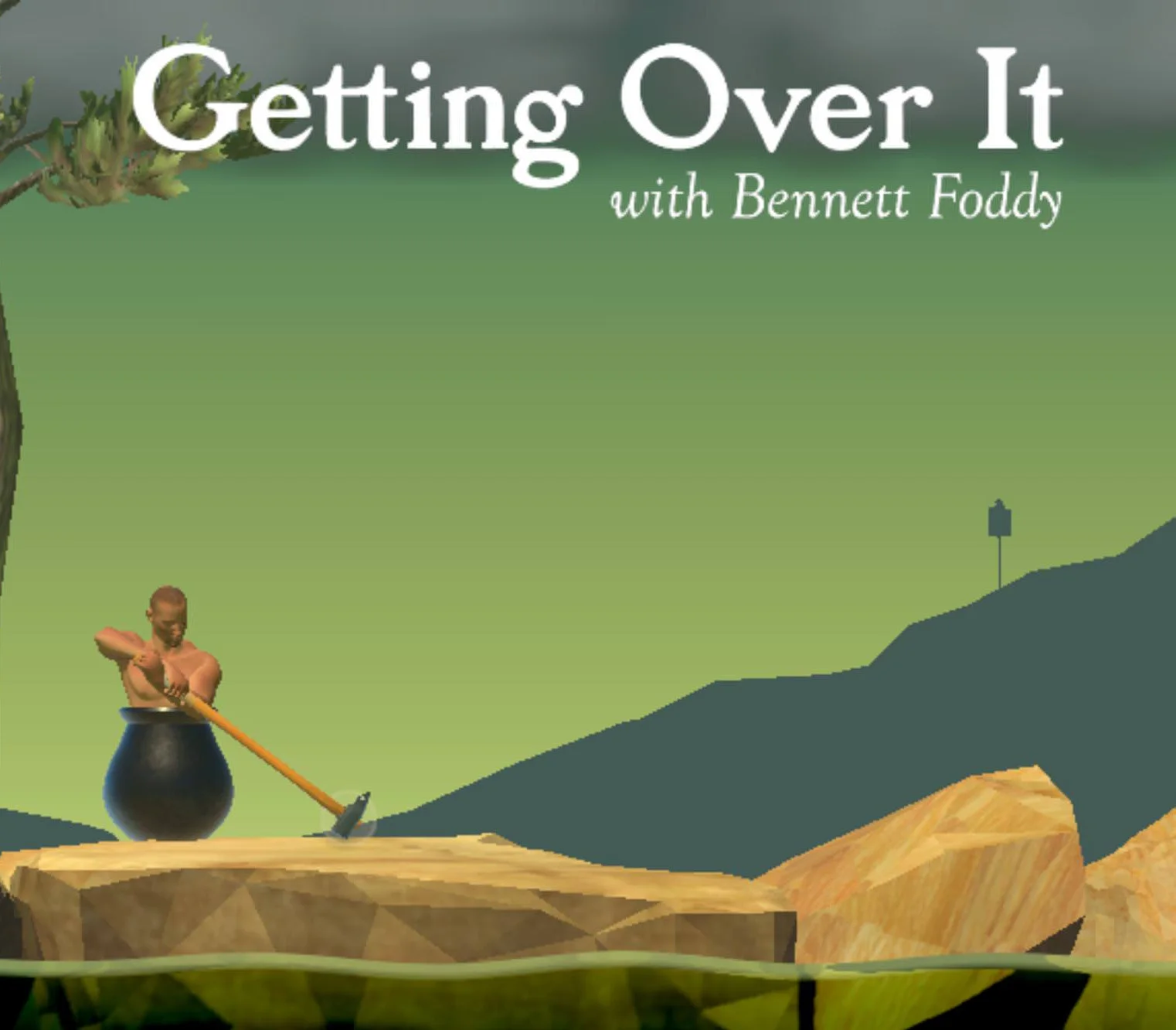 Getting Over It with Bennett Foddy cover, a man in a black pot on rocks holding a sledgehammer