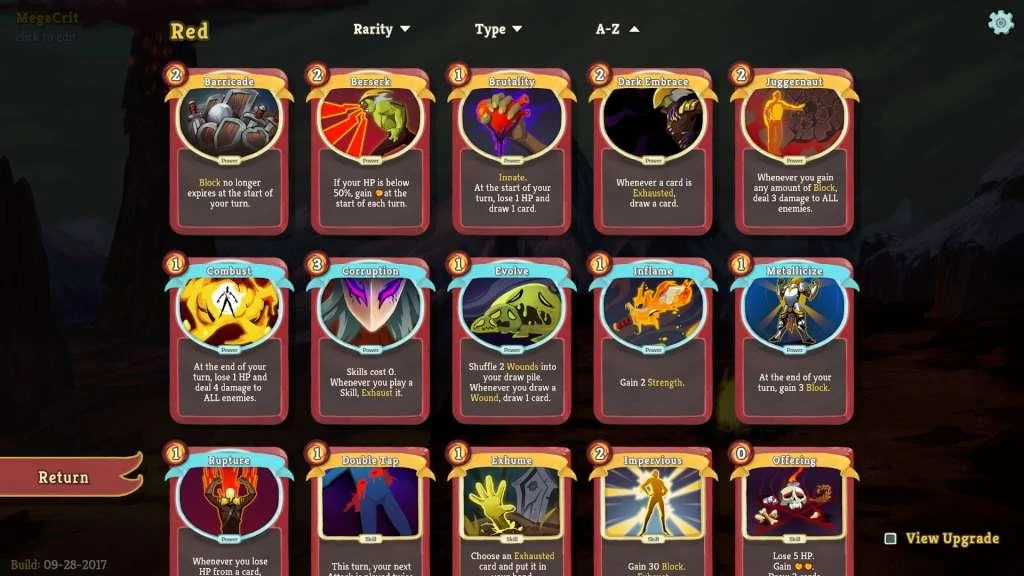 Red card collection grid with Barricade, Berserk, Brutality, Dark Embrace, Juggernaut and other Ironclad powers
