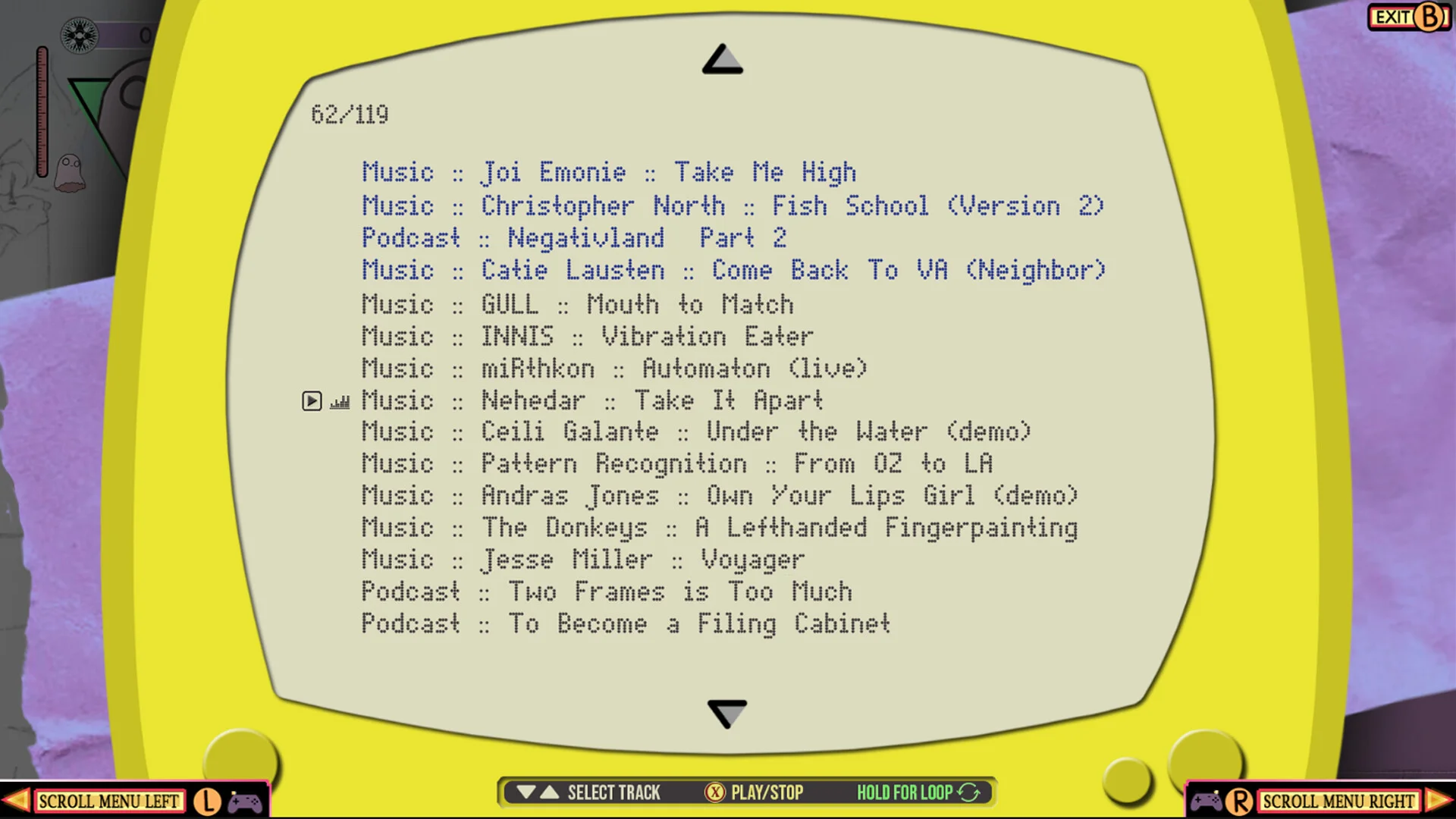 Żółty przenośny odtwarzacz z listą muzyki i podcastów oraz ikonami kontrolera
