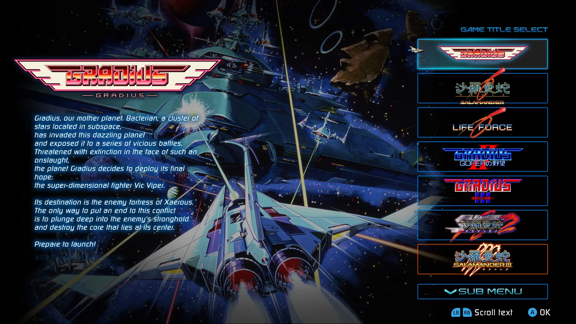 A blue menu listing Salamander III beside a white and red ship.