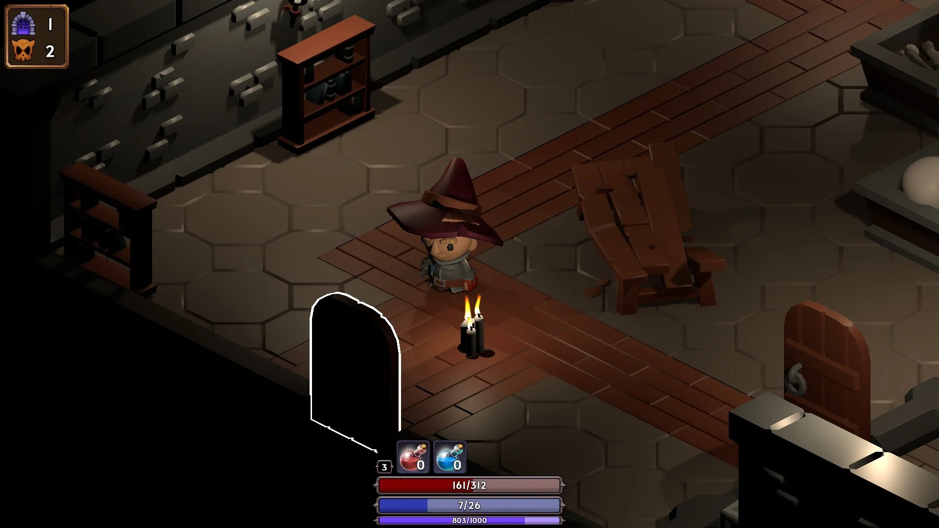 Isometric dungeon room, wizard in a red hat by a candle and a highlighted dark doorway