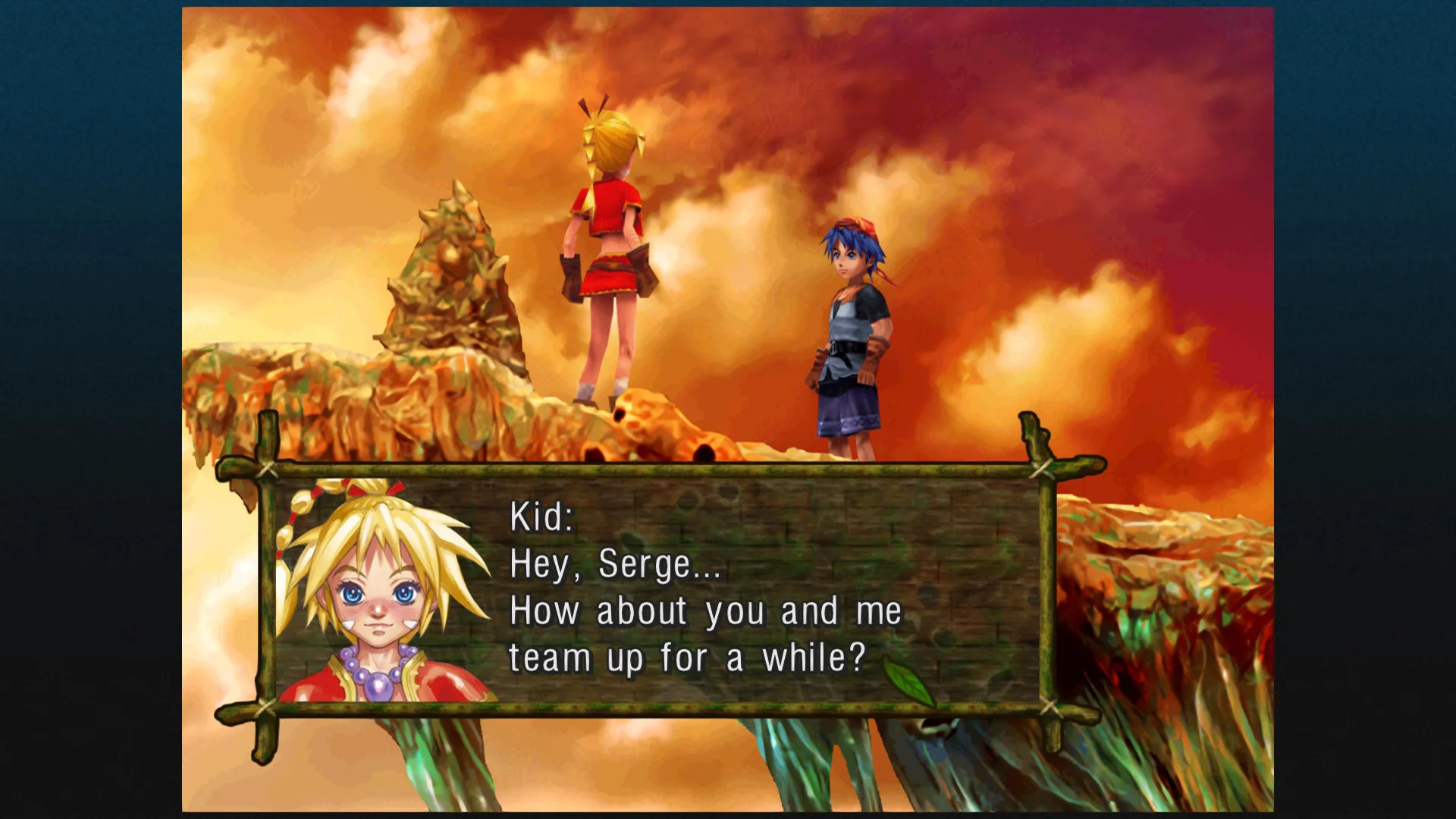 A dialogue scene on a beach with Kid speaking to Serge.