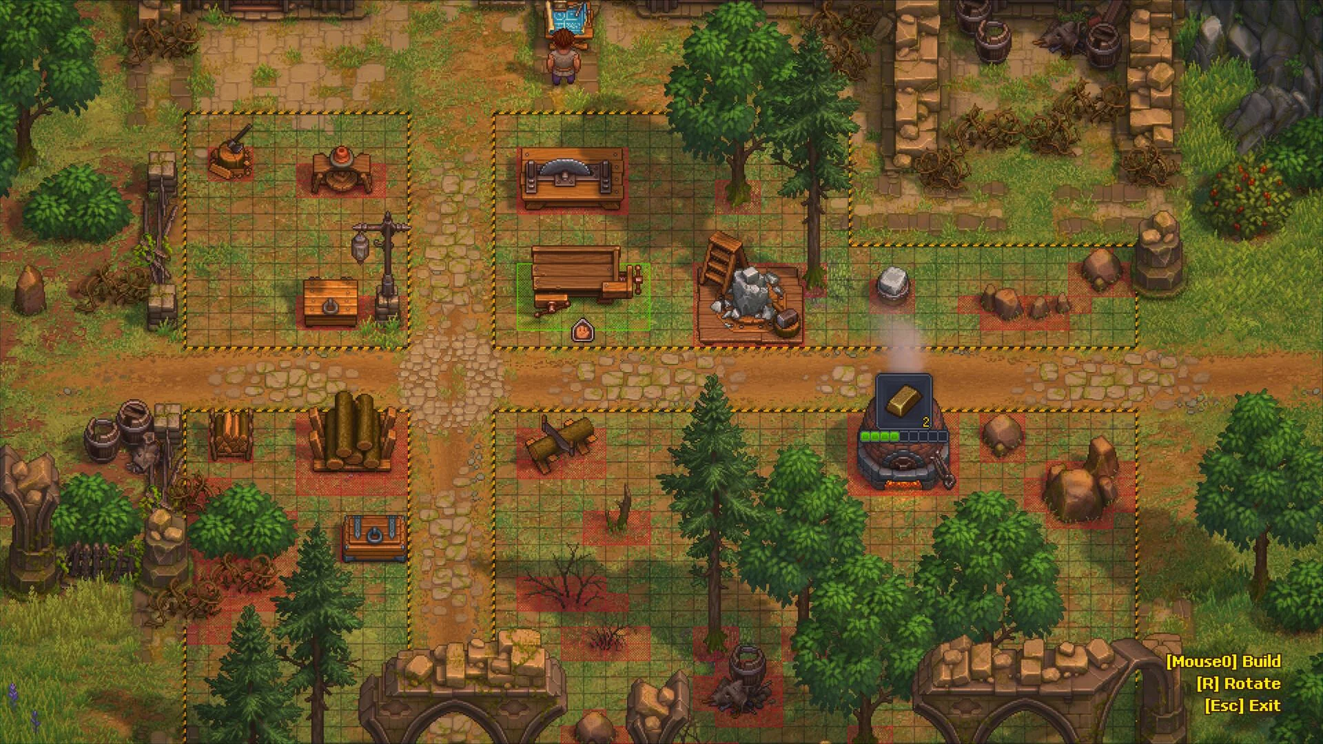 Workshop build grid with sawbench, logs, forge showing a gold bar, and Mouse0 Build R Rotate Esc Exit