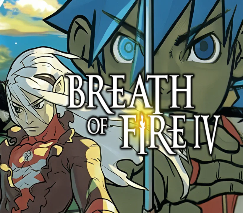 Breath of Fire IV cover with a blue-haired youth and a white-haired figure