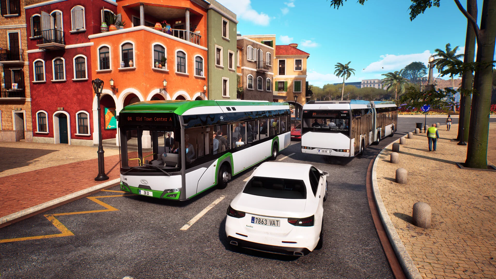 A green-and-white city bus on Old Town Center beside an articulated bus and a white sedan