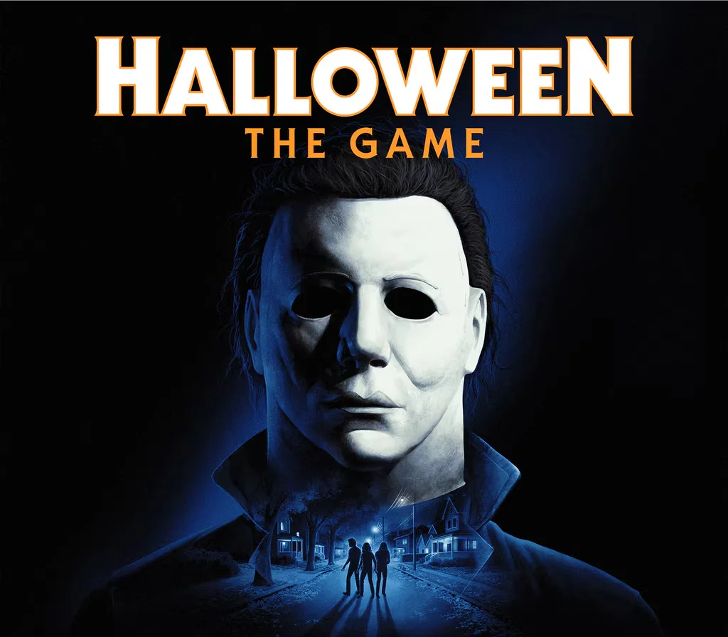 Halloween The Game cover: Michael Myers mask over a blue Haddonfield street with four silhouettes