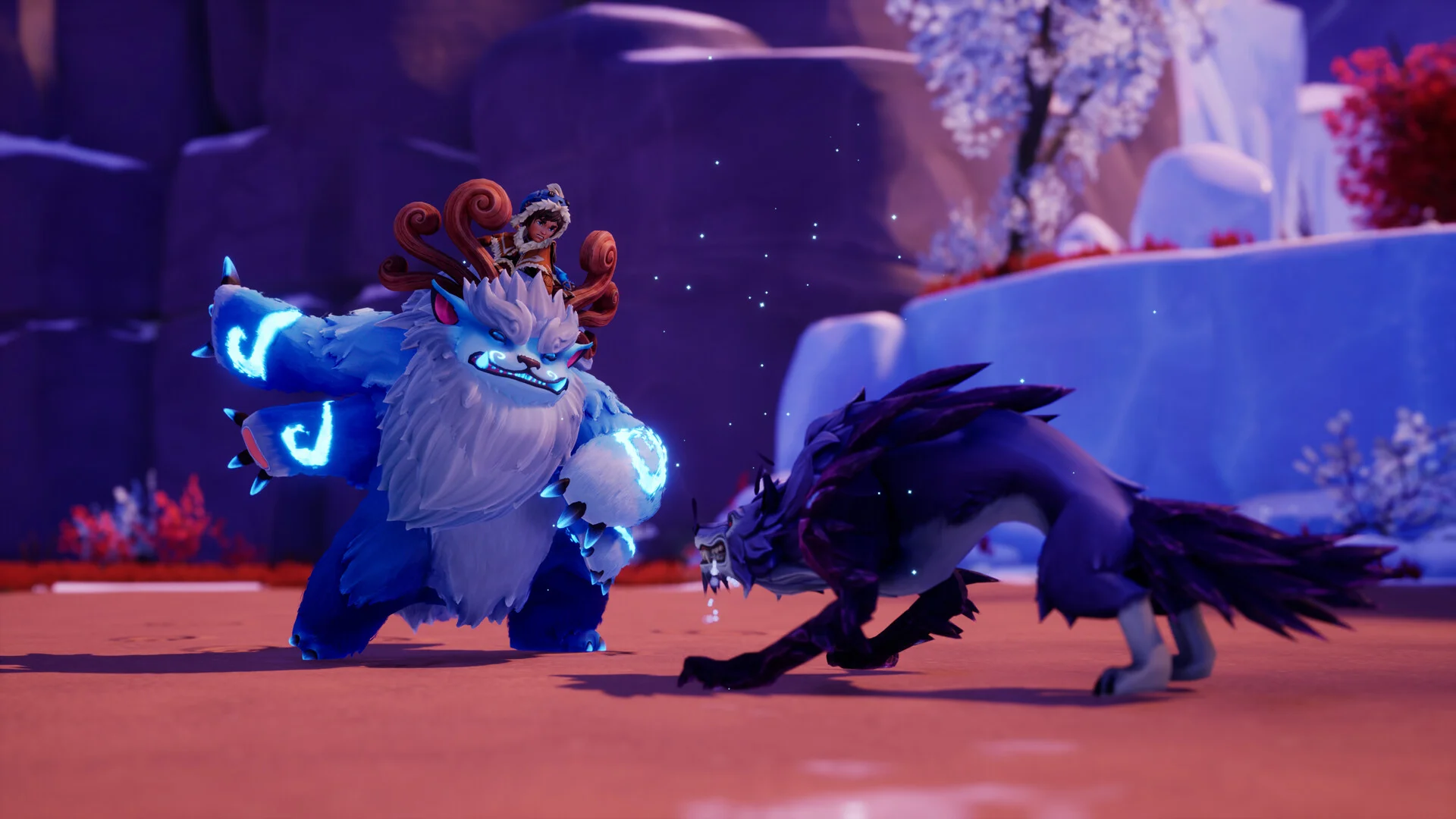 The yeti faces a dark wolf-like creature