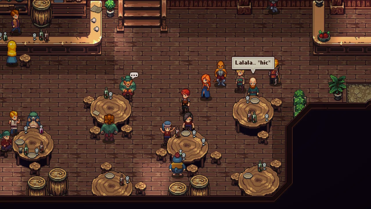 A pixel tavern with characters around wooden tables