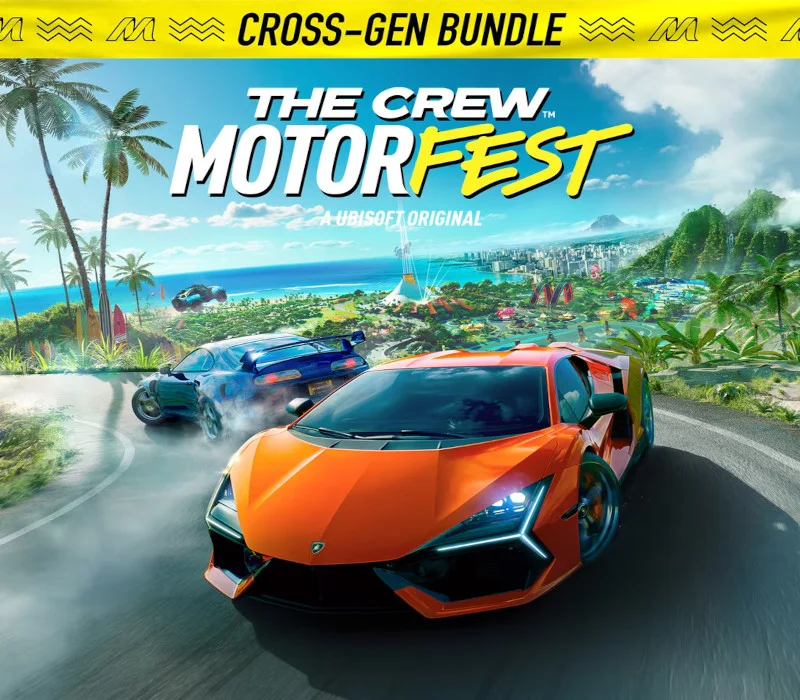 Cover: orange supercar and blue sports car race a coastal Hawaiian road under The Crew Motorfest logo and a yellow Cross-Gen Bundle tape
