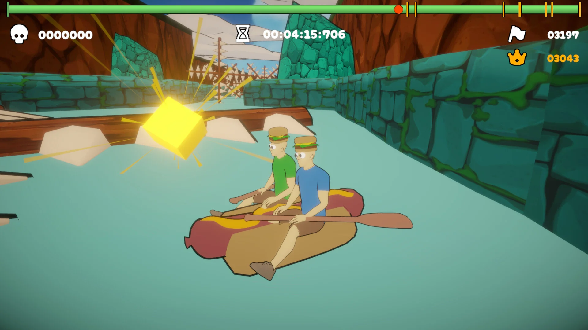 Two paddlers with burger hats on a hot-dog raft in a stone pool beside a glowing yellow cube