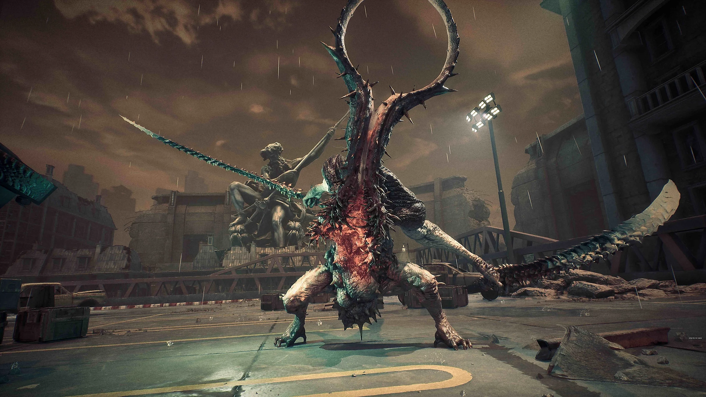 A horned Naytiba with a raw red chest and a blade-tail stands on wet asphalt in the rain