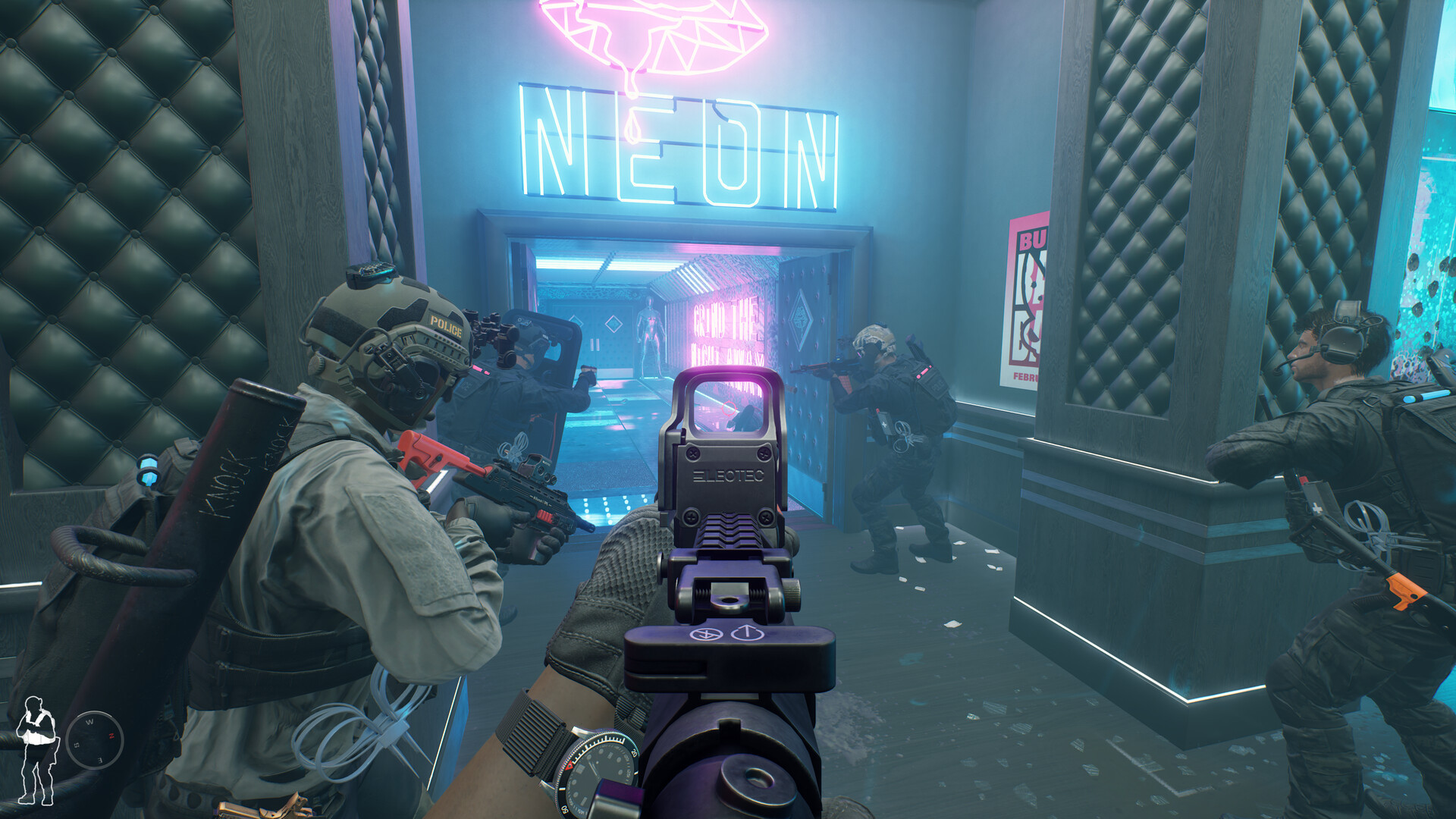 Ready or Not squad breaching a neon nightclub corridor together