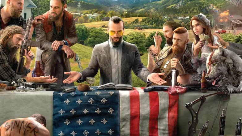 Joseph Seed at a flag-covered table with Eden’s Gate cultists, a wolf and Hope County farmland behind them
