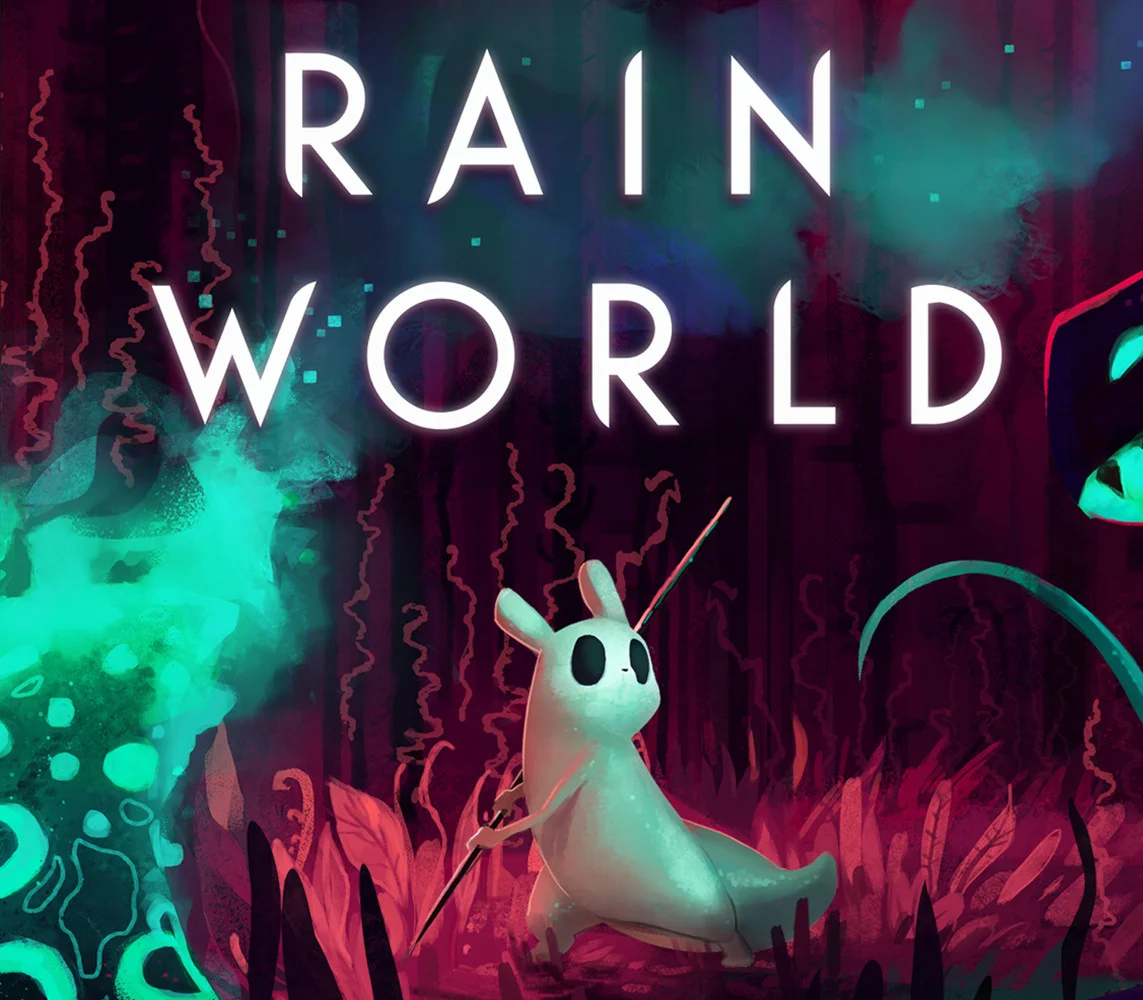 Cover: white slugcat with spear in magenta overgrown ruins under the RAIN WORLD logo