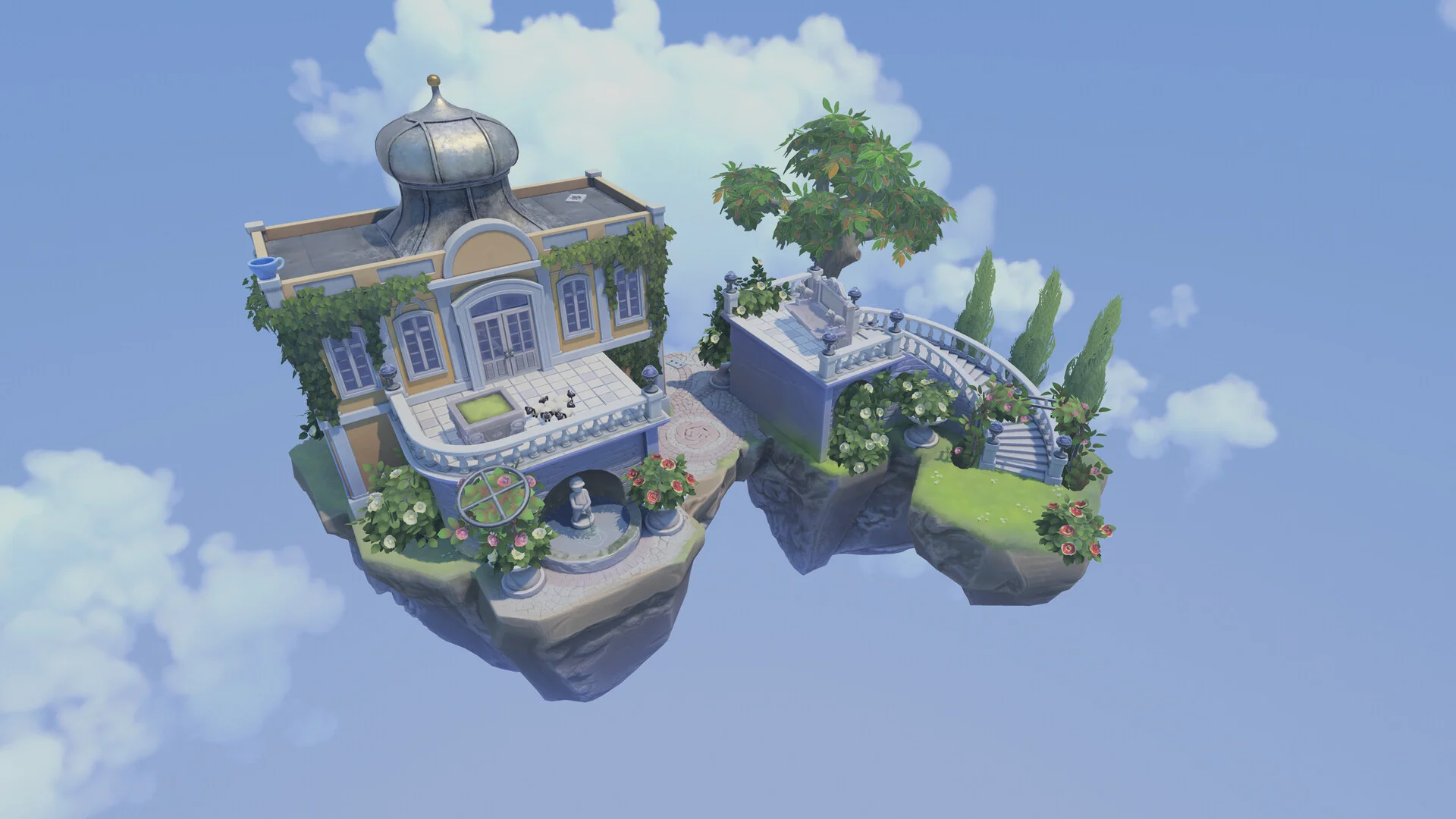 Two floating island villas in a blue sky, a yellow house with a dome and roses on the left, a white terrace with a tree and stairs on the right