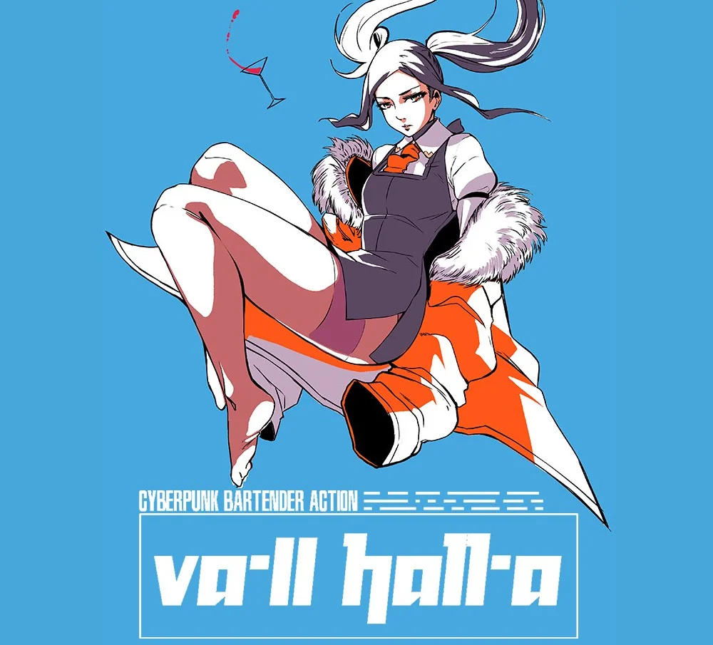 Okładka, tytuł va-11 hall-a i CYBERPUNK BARTENDER ACTION, biała fryzura, strój pomarańczowo-szary na błękicie, plusk koktajlu