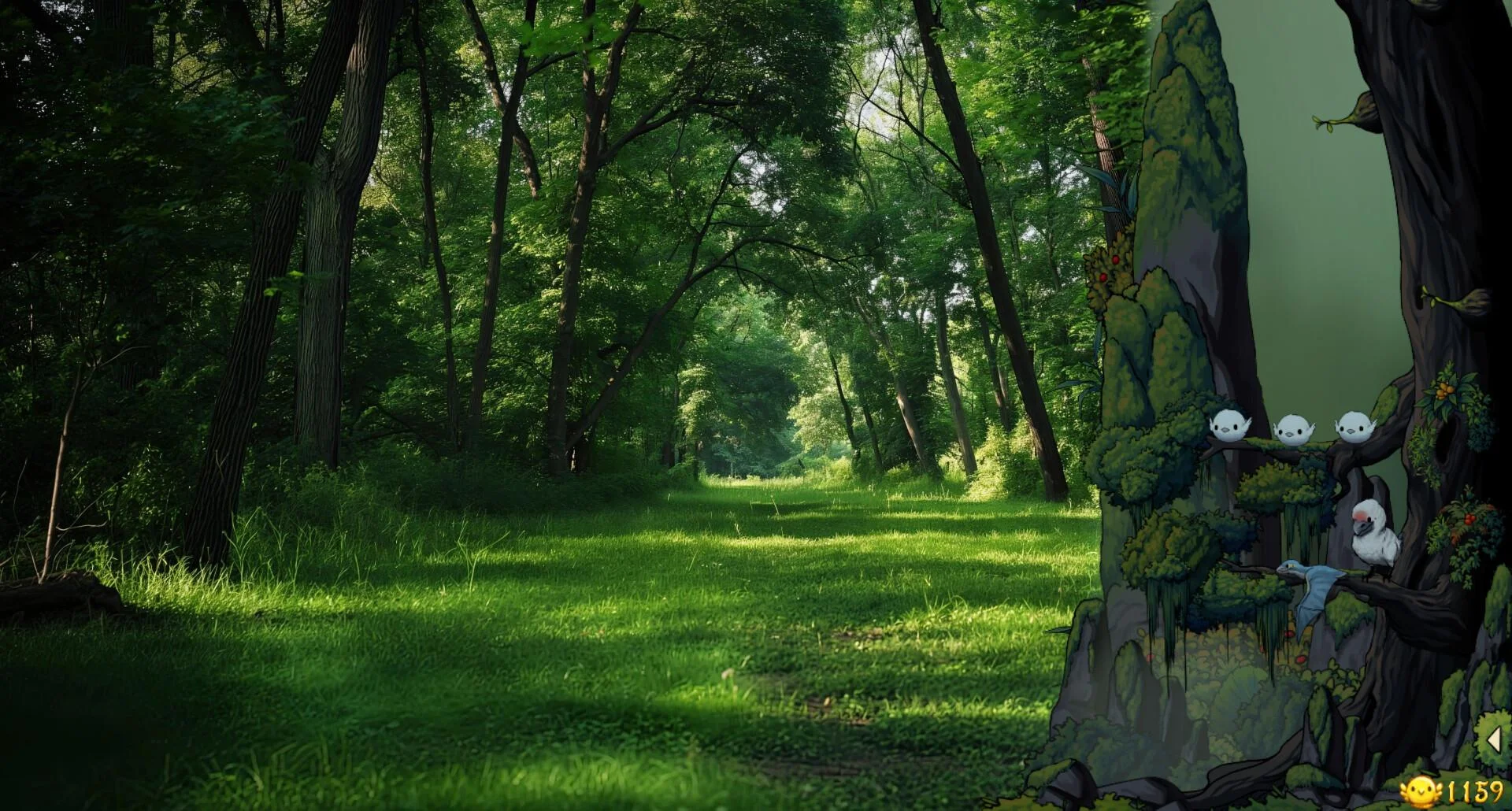 Summer grass path, moss tree overlay, white cockatoo and blue bird, coin 159