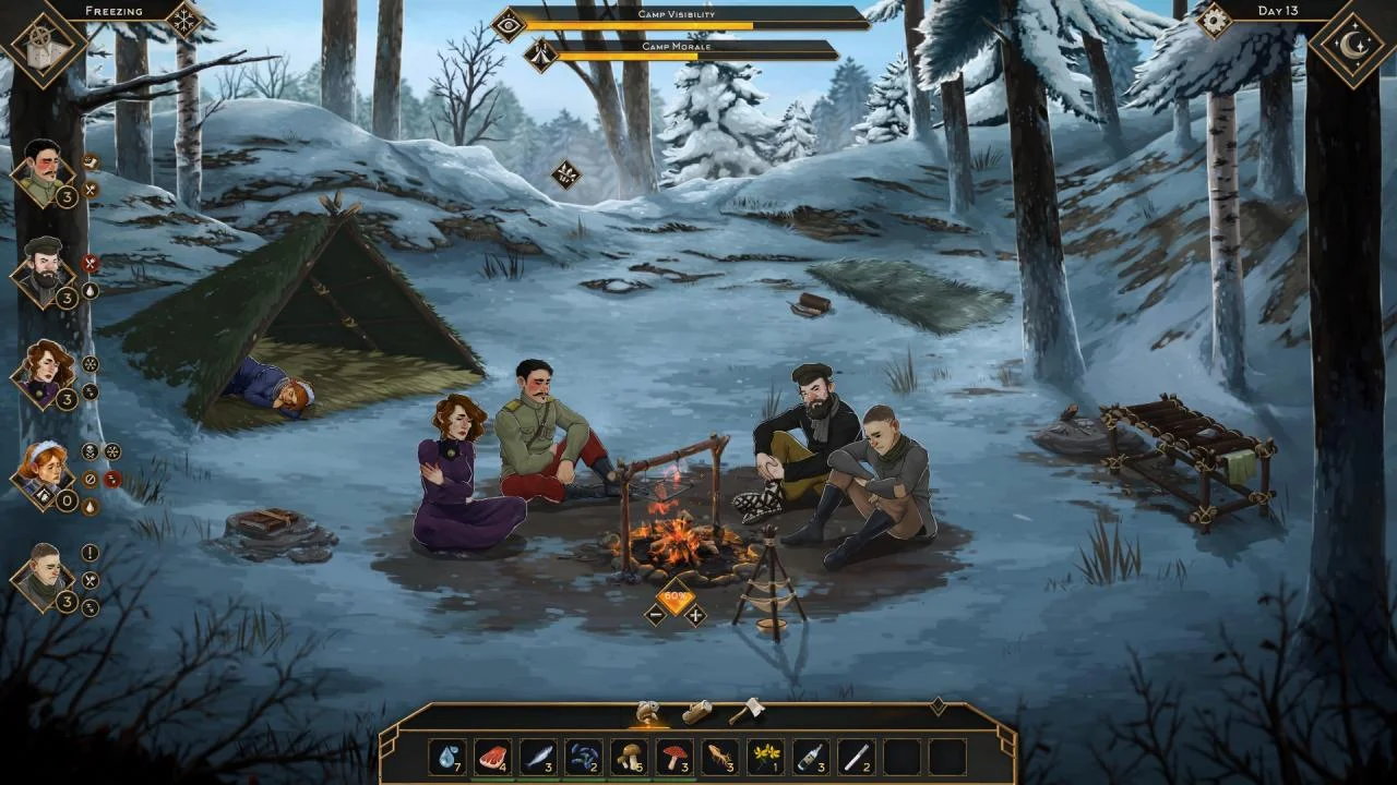 Day 13 snow camp: tent, fire, Camp Visibility and Camp Morale bars, four survivors around the flames