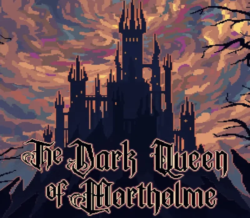 Dark Queen of Mortholme cover: gothic title over a silhouetted castle against an orange storm sky