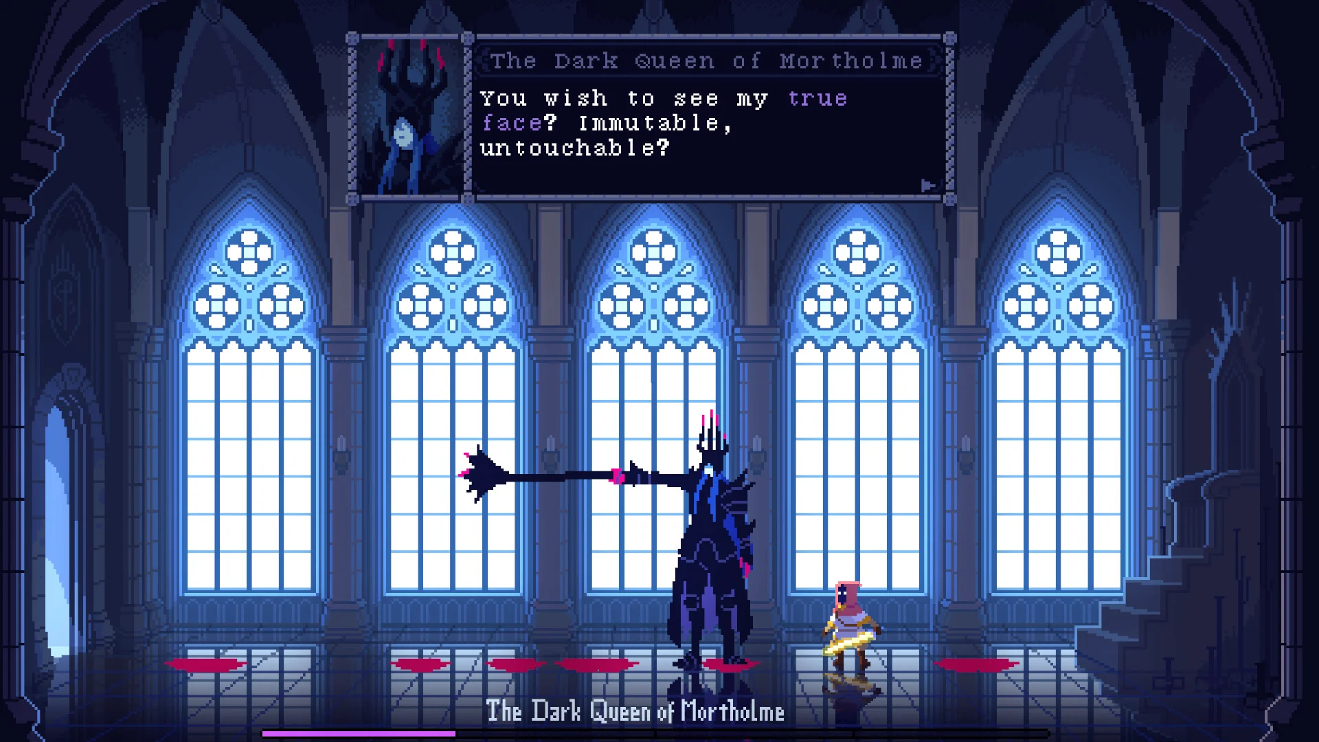 Dialogue box: You wish to see my true face? Immutable, untouchable? Queen pointing a staff at the hero