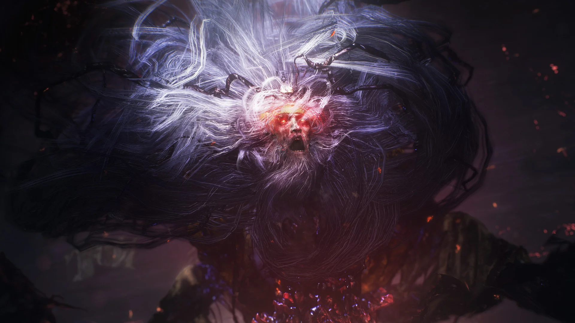 A white-haired demon with red eyes and swirling dark hair