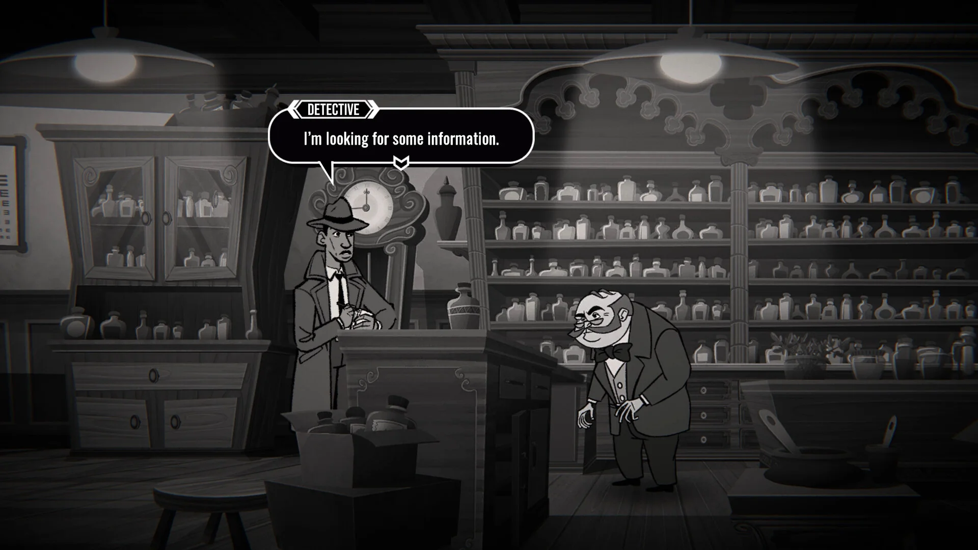 Detective at a pharmacy counter saying he is looking for information to a stout pharmacist among rows of bottles