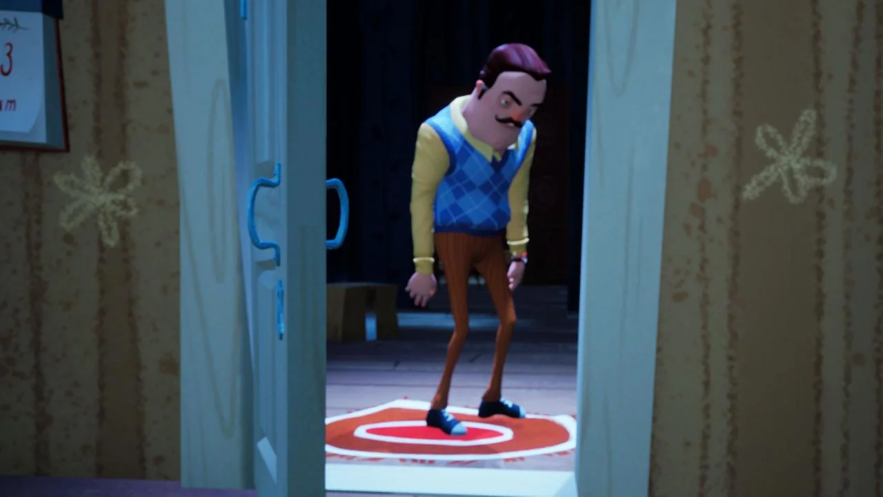 Neighbor in a yellow sweater and blue vest standing in a wooden doorway on a red rug