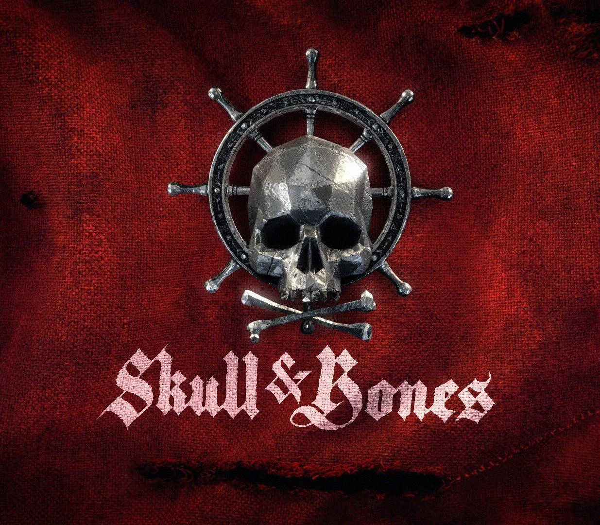 Skull & Bones key art: a silver skull in a ship’s wheel over crossed bones on torn red cloth