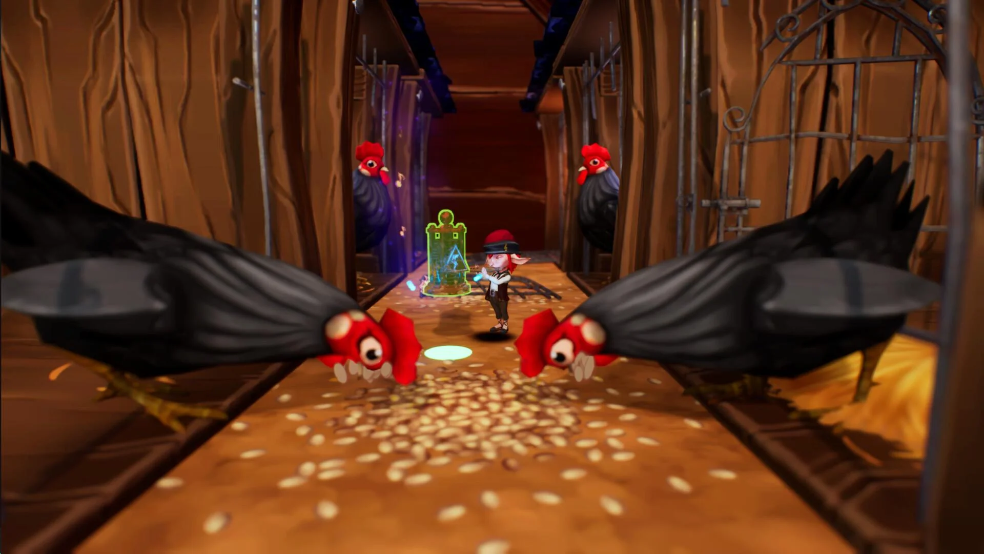 Two giant black roosters with red combs face a tiny flute player in a wooden coop, seed scattered on the floor