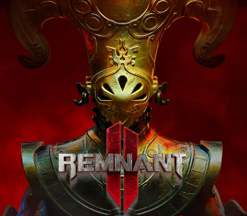 Gold horned mask and breastplate under the REMNANT II logo on a red field