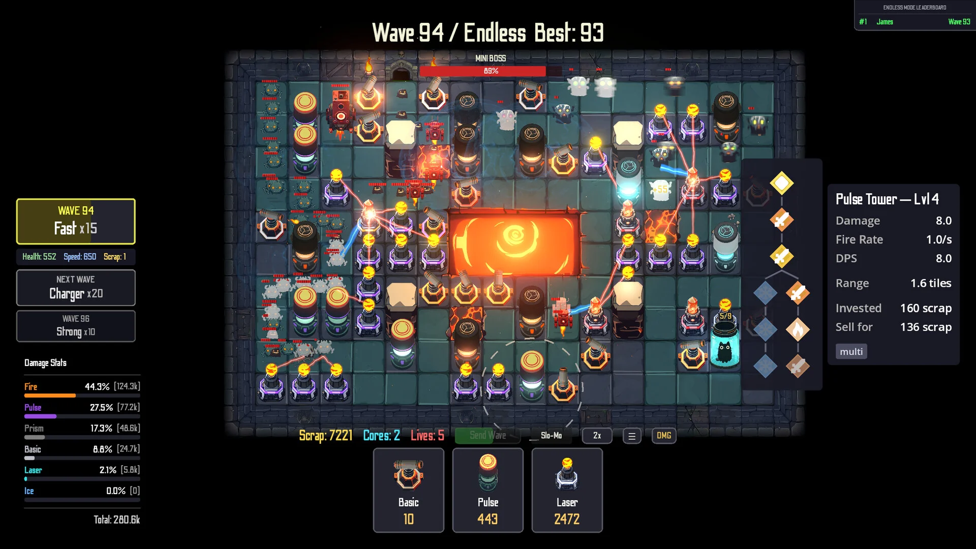 Fala 94 trybu Endless z gęstym labiryntem wież wokół lawy i panelem Pulse Tower