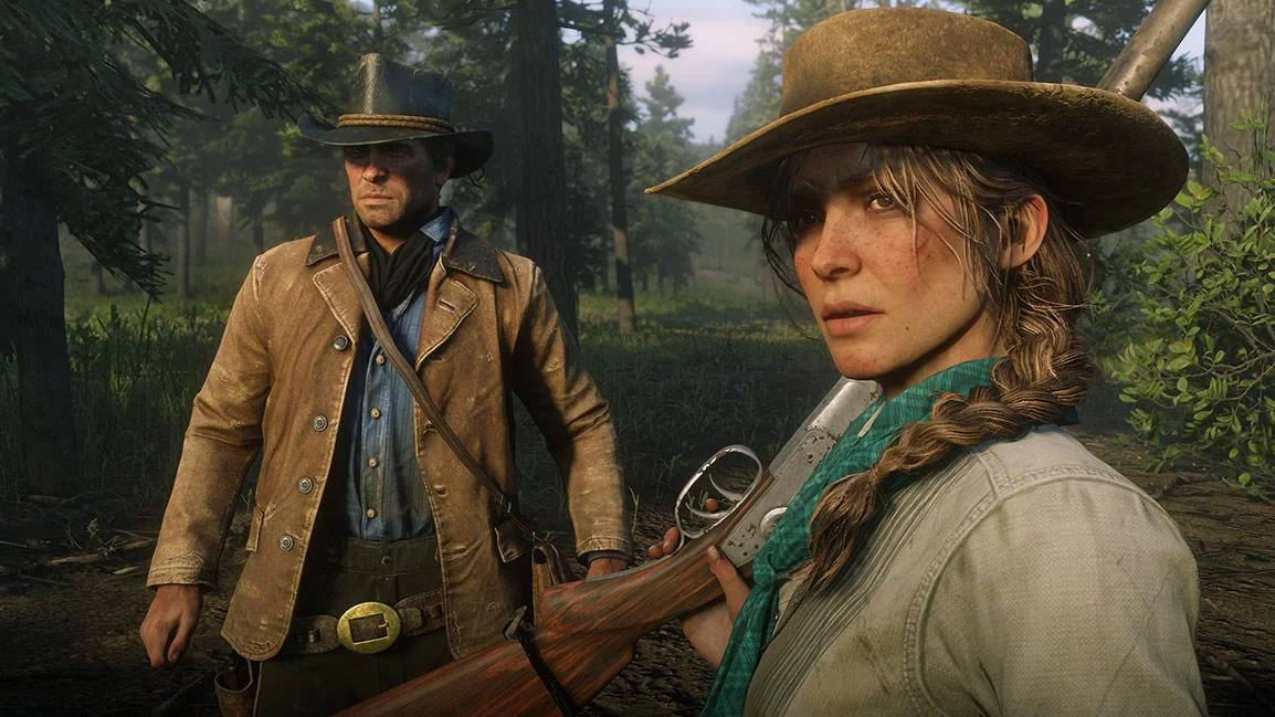 Red Dead Redemption 2 camp scene with gang members at dusk