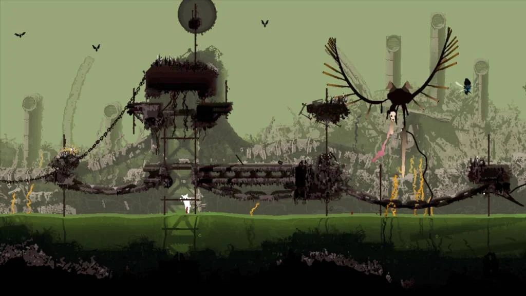 Slugcat on a beam facing a vulture predator above murky green water and hanging chains