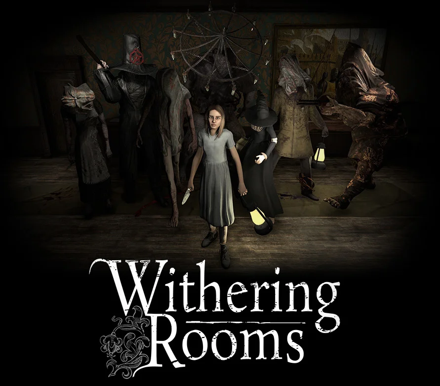 Withering Rooms title on black beside a girl in a pale dress.