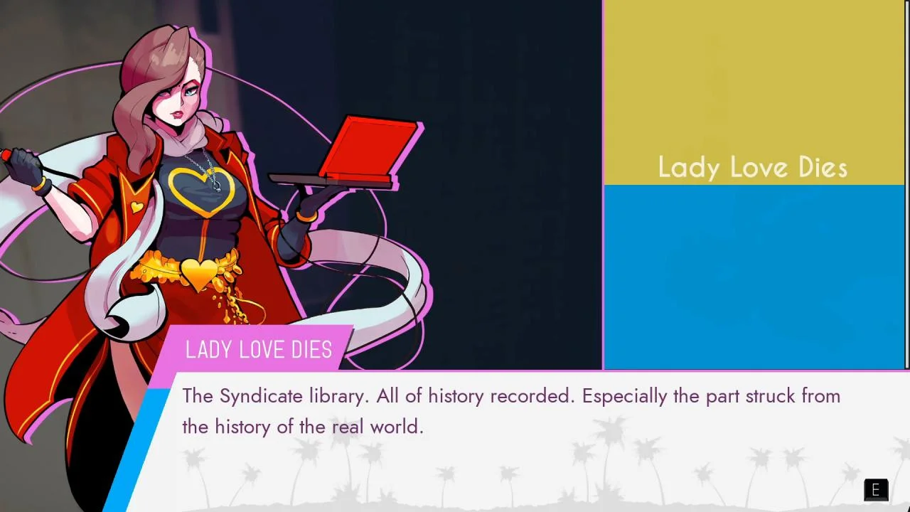 Lady Love Dies in a red heart coat holding a red laptop, LADY LOVE DIES panel, Syndicate library blurb, blue and yellow blocks