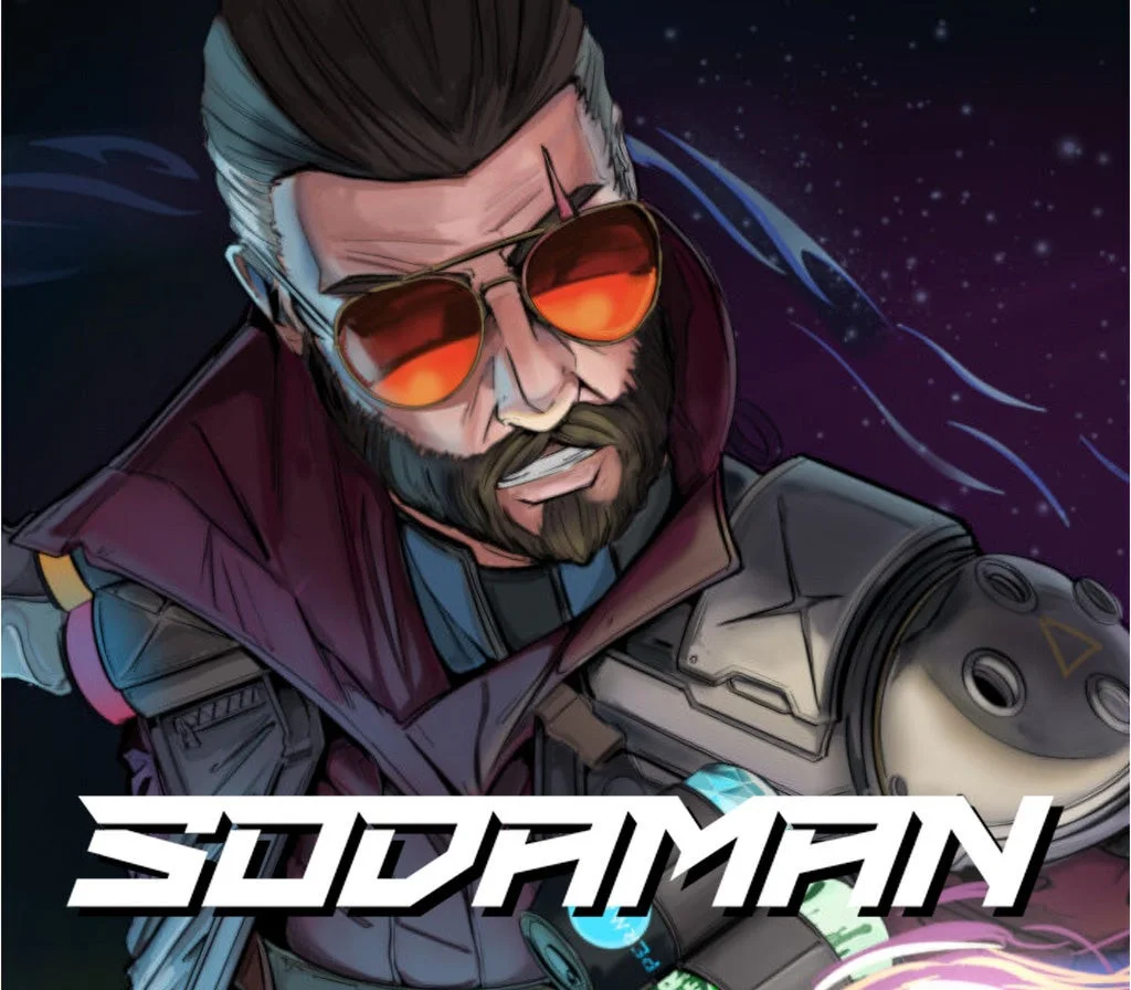 Sodaman cover: bearded man with orange sunglasses, soda cans, SODAMAN title, starfield