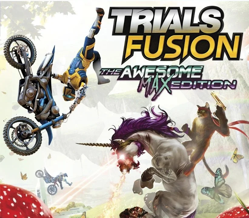 Trials Fusion Awesome MAX cover, stunt bike on a rustlands track