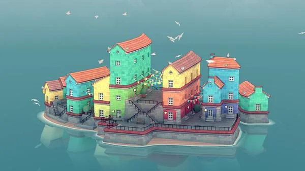 Townscaper housing blocks transforming piece by piece on the sea