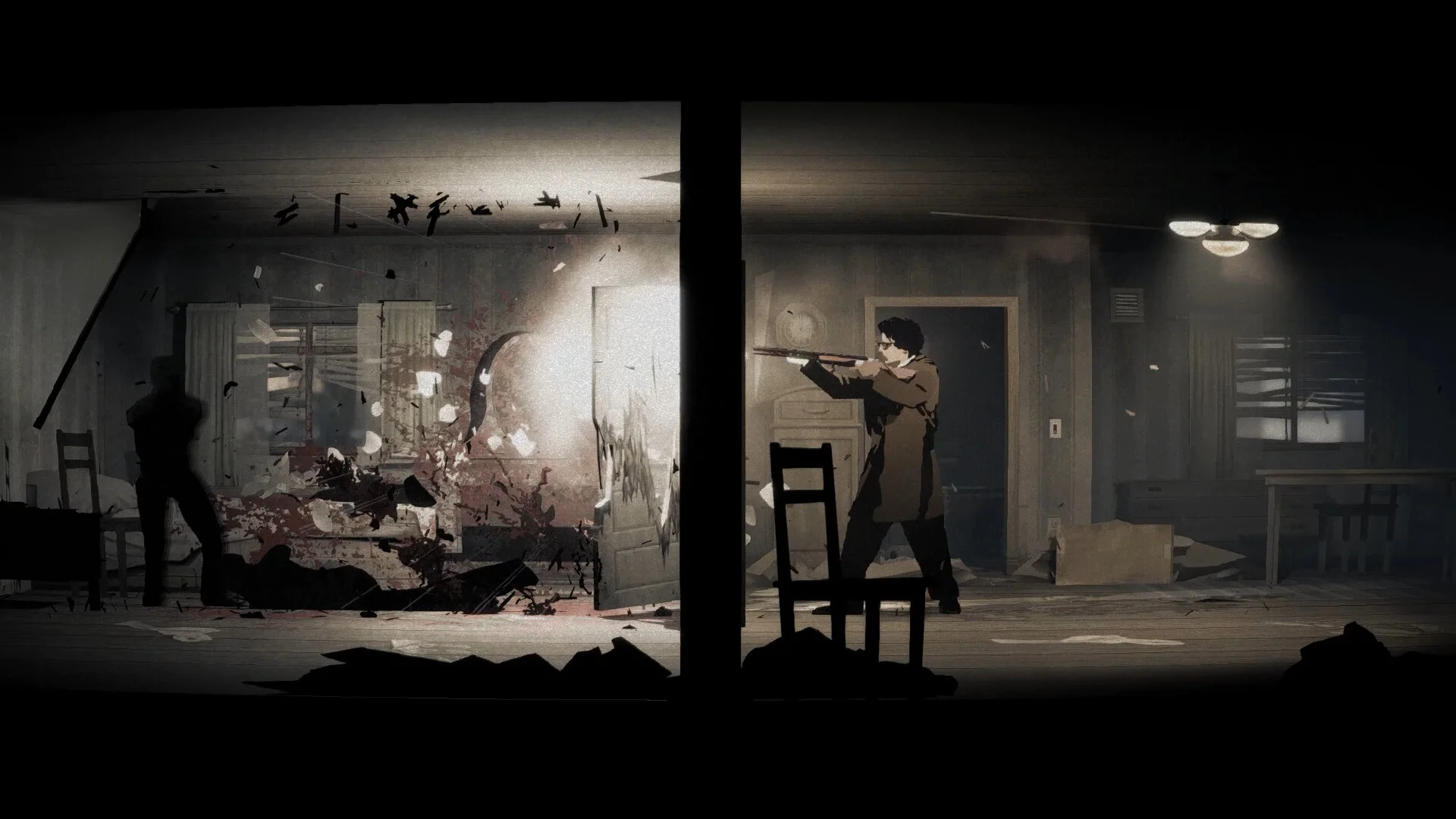 Split rooms: a shotgun blast through a door on the left, a man in a coat aiming a shotgun in a dim kitchen on the right