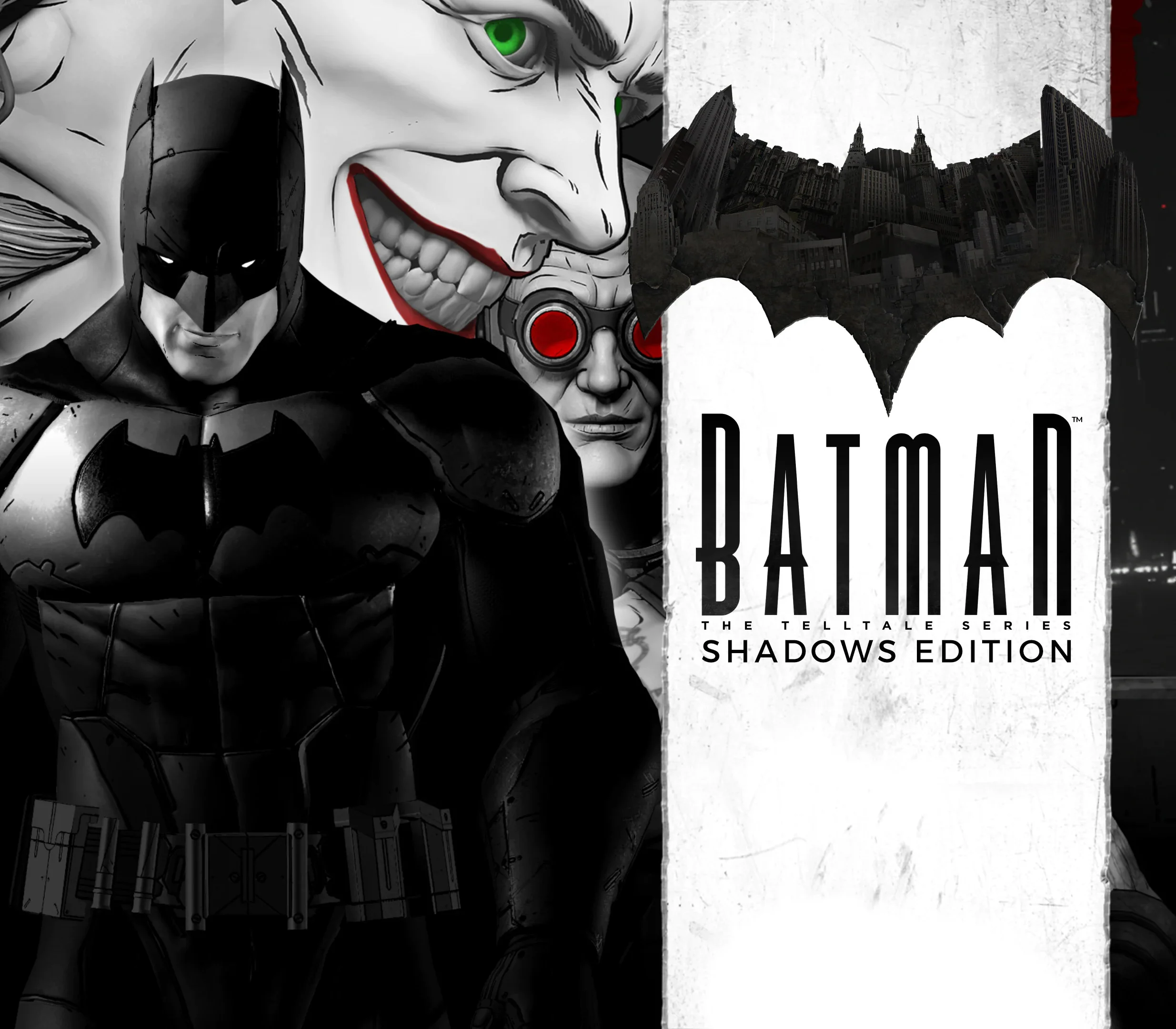 Telltale Batman Shadows Edition cover, Batman with Joker and Gotham skyline