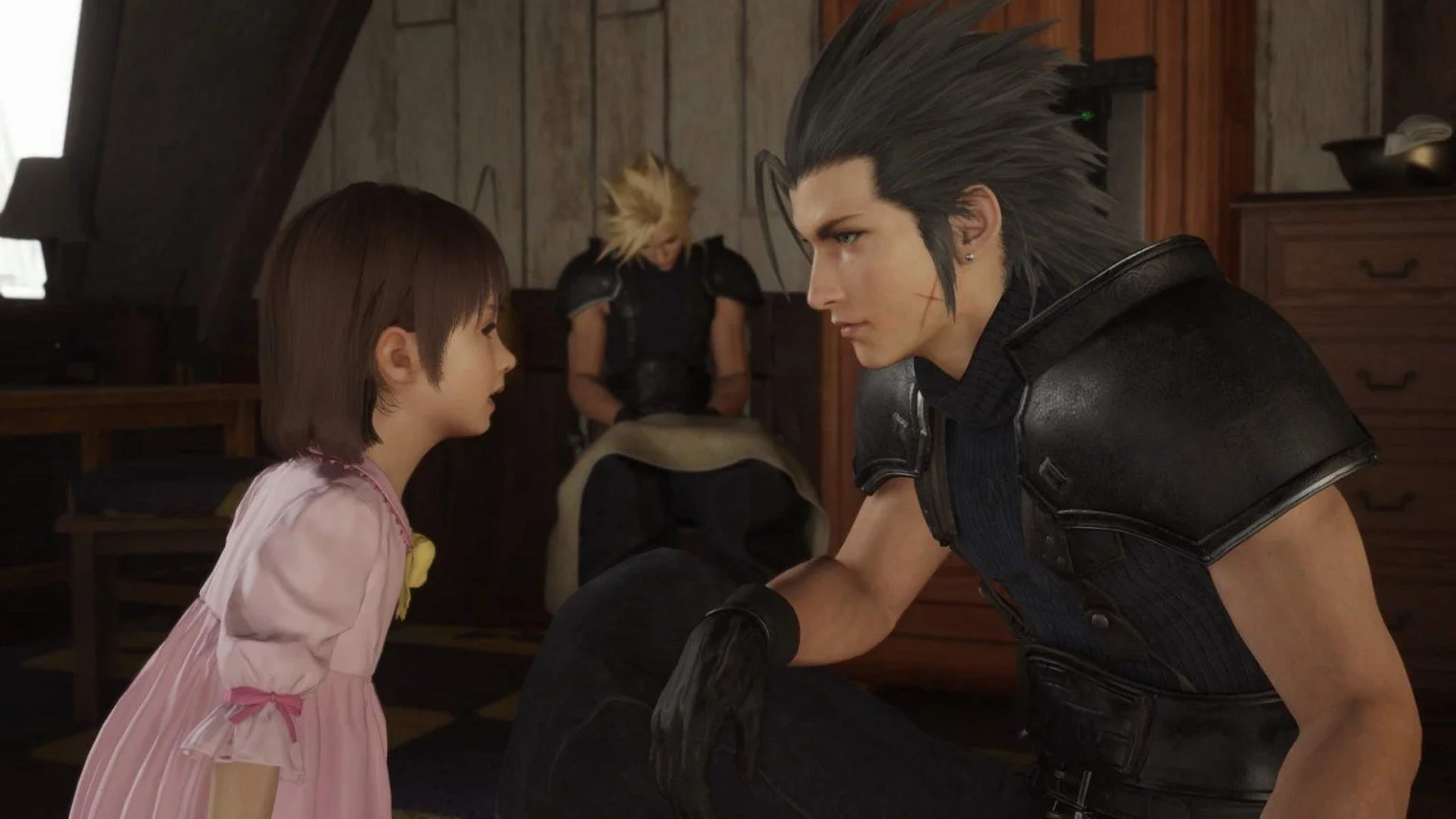 A spiky-haired man in black armor kneels to speak with a girl in a pink dress while Cloud sits behind them
