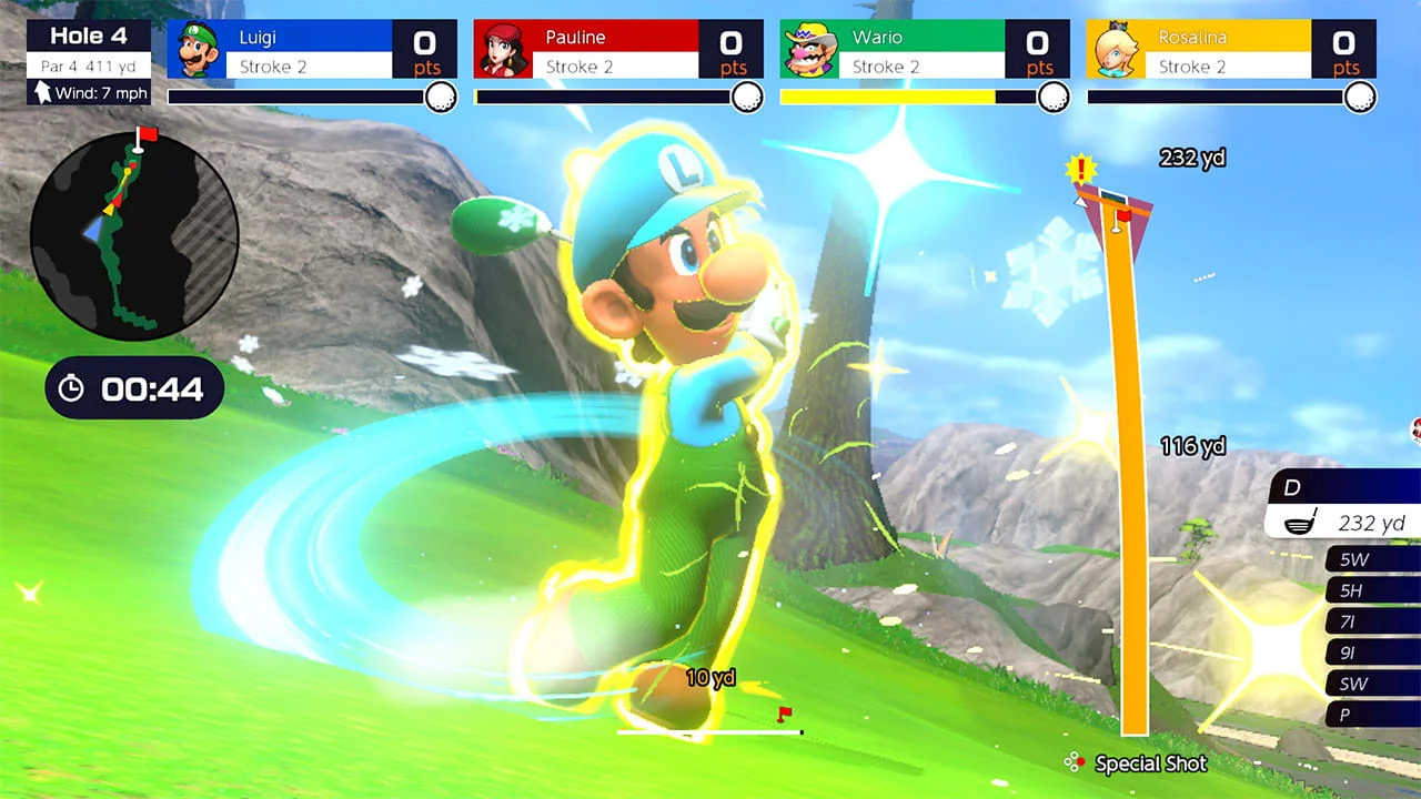 Luigi in green with a glowing swing meter on a rocky hole.