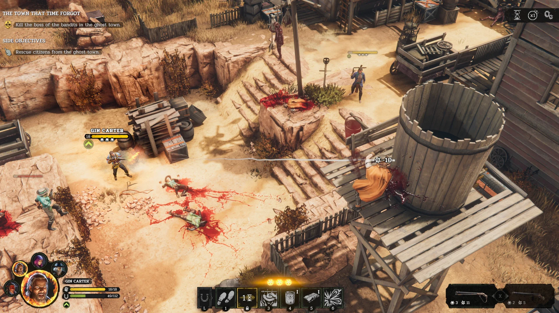 Top-down shootout among crates with a character highlighted.