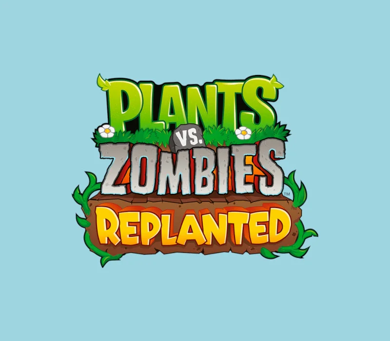 Logo Plants vs. Zombies: Replanted na jasnym błękicie: zielone PLANTS nad trawą, szare ZOMBIES na pękniętej płycie, pomarańczowe REPLANTED na desce